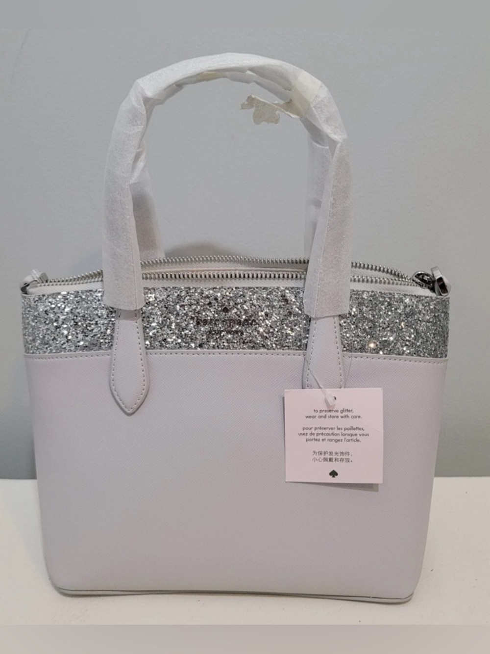 Kate Spade Flash Glitter Satchel Crossbody Bag Light Gray Silver NWT - Picture 3 of 16